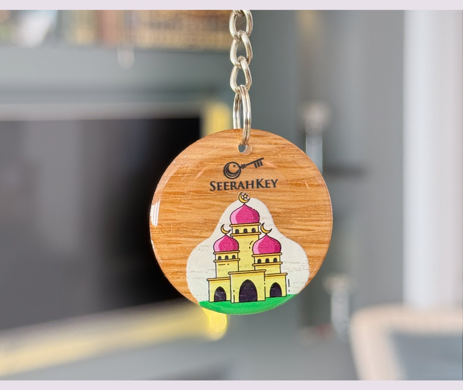 SeerahKey wooden keychain with hand-illustrated mosque