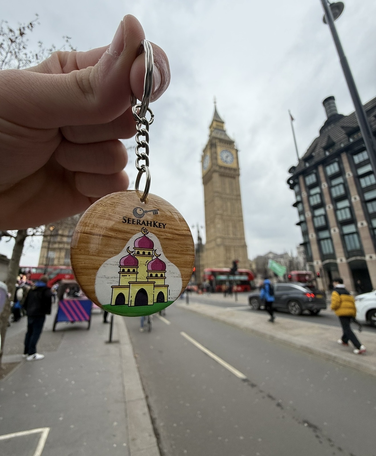 SeerahKey held in front of Big Ben, London